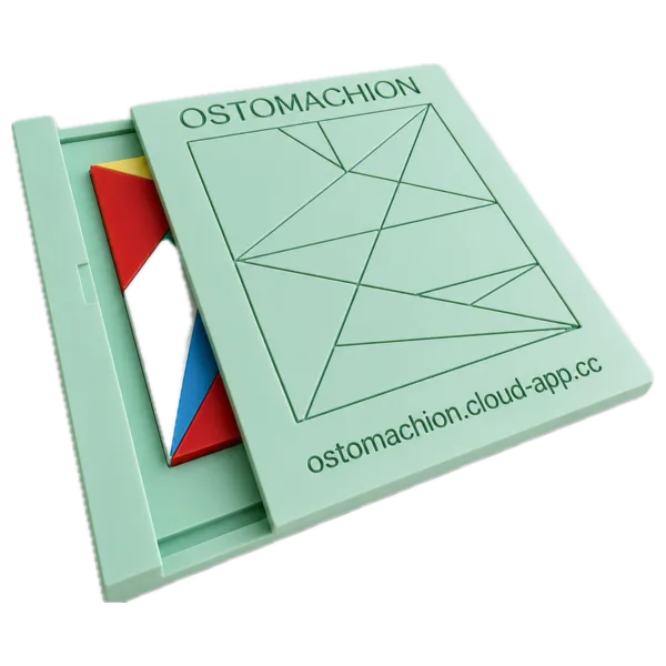 The mint-green case with its sliding lid pulled halfway open, the coloured pieces stacked inside.