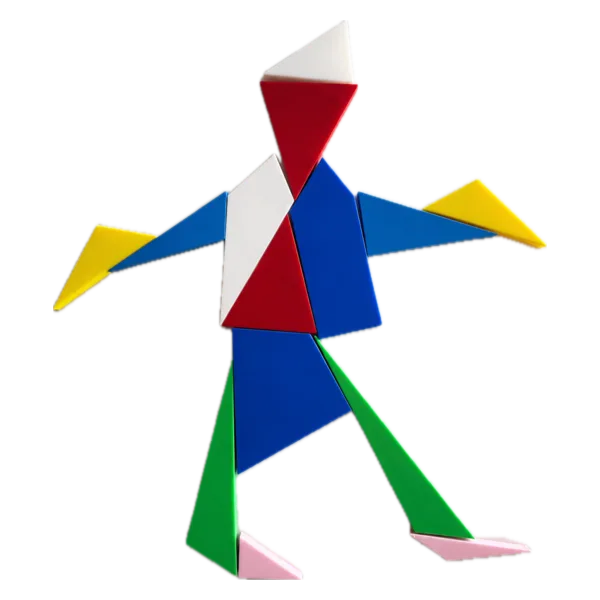 A striding human figure made from all 14 pieces, arms flung out.