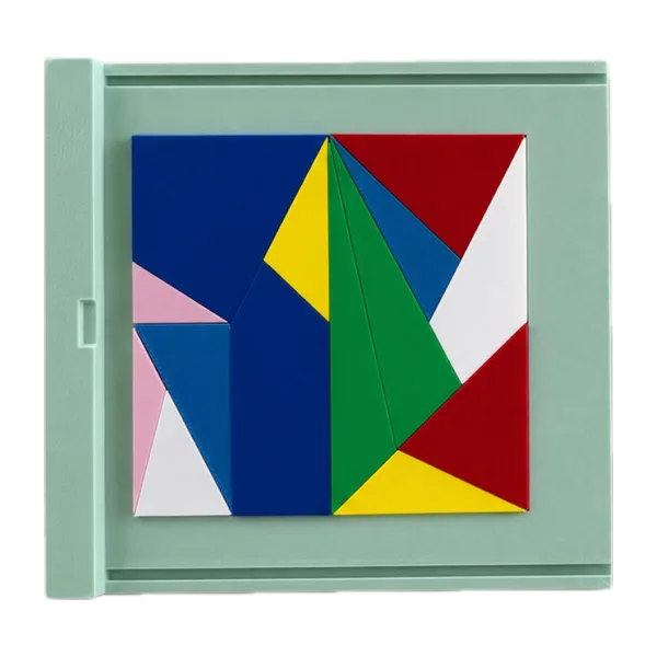The 14 pieces, each a different colour, solved into a square inside the open case.